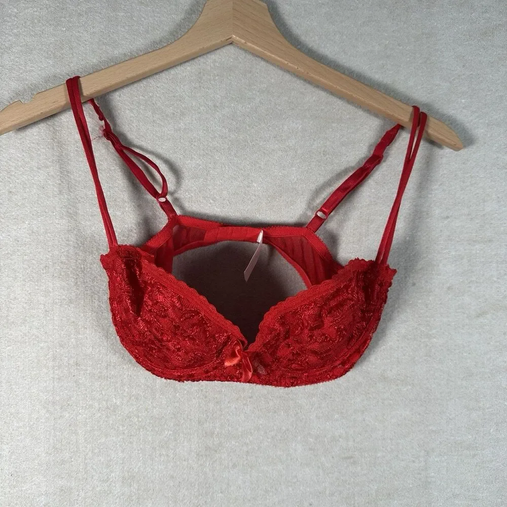 Vintage Victoria’s Secret Red Lace Bra GOLD Label Rare Double Strap 34B READ DES